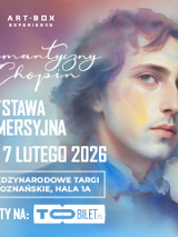 Plakat, który reklamuje wystawę immersyjną - Romantyczny Chopin. Obraz młodego artysty a na nim szczegółowe informacje o wystawie, które zawart są w treści informacji.