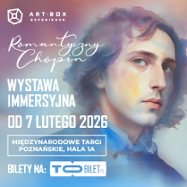 Plakat, który reklamuje wystawę immersyjną - Romantyczny Chopin. Obraz młodego artysty a na nim szczegółowe informacje o wystawie, które zawart są w treści informacji.