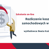 Z lewej stronie dwie rysunkowe postaci przerzucające gigantyczną monetę. Z prawej napis: Szkolenie on-line: Rozliczenie kosztów samochodowych w firmie wykładowca: Beata Kuśmierek. W prawym górnym rogu logo organizatora: Polska Fundacja Przedsiębiorczości.