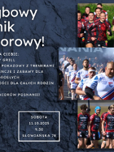 Zdjęcia z uprawniania dyscypliny rugby, z zawodnikami i zawodniczkami, informacje o festynie połączonym z naborem do drużyny.