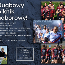 Zdjęcia z uprawniania dyscypliny rugby, z zawodnikami i zawodniczkami, informacje o festynie połączonym z naborem do drużyny.