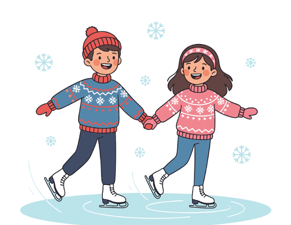 Rysunek dziewczynki i chłopca w zimowych strojach z łyżwami na nogach. Dookoła rysunki śnieżynek.