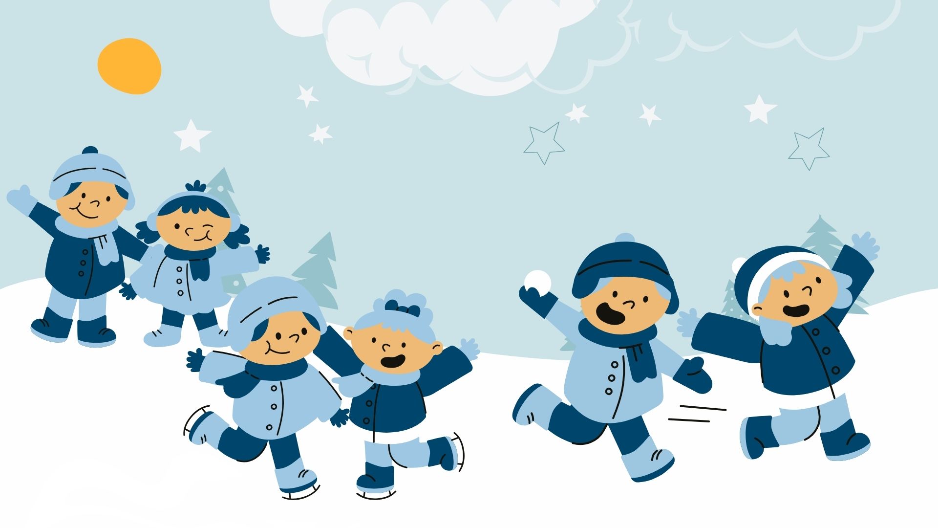 Rysunkowa grafika przedstawia sześcioro dzieci bawiących się w śniegu. Po lewej para dzieci uśmiecha się i macha. W środku para dzieci jeździ na łyżwach. Po prawej para dzici rzuca się śnieżkami. Dzieci są ubrane w niebiesko-granatowe stroje. W tle górka śniegu oraz zielone choinki. Na niebie rysunek słońca, chmur i padającego śniegu.