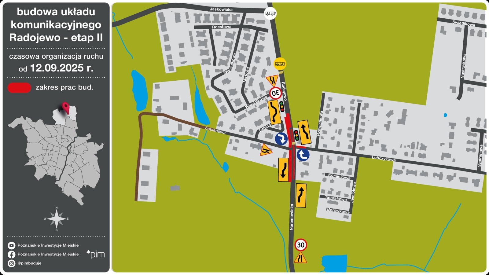 Schemat z zaznaczonymi miejscami zmian organizacji ruchu