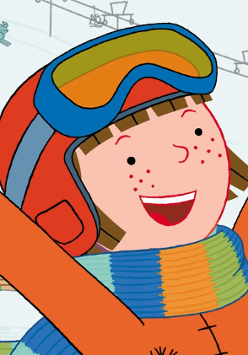 Rysunek roześmianej dziewczynki w zimowym stroju.