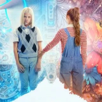 Dwoje dzieci na tle abstrakcyjnej grafiki.