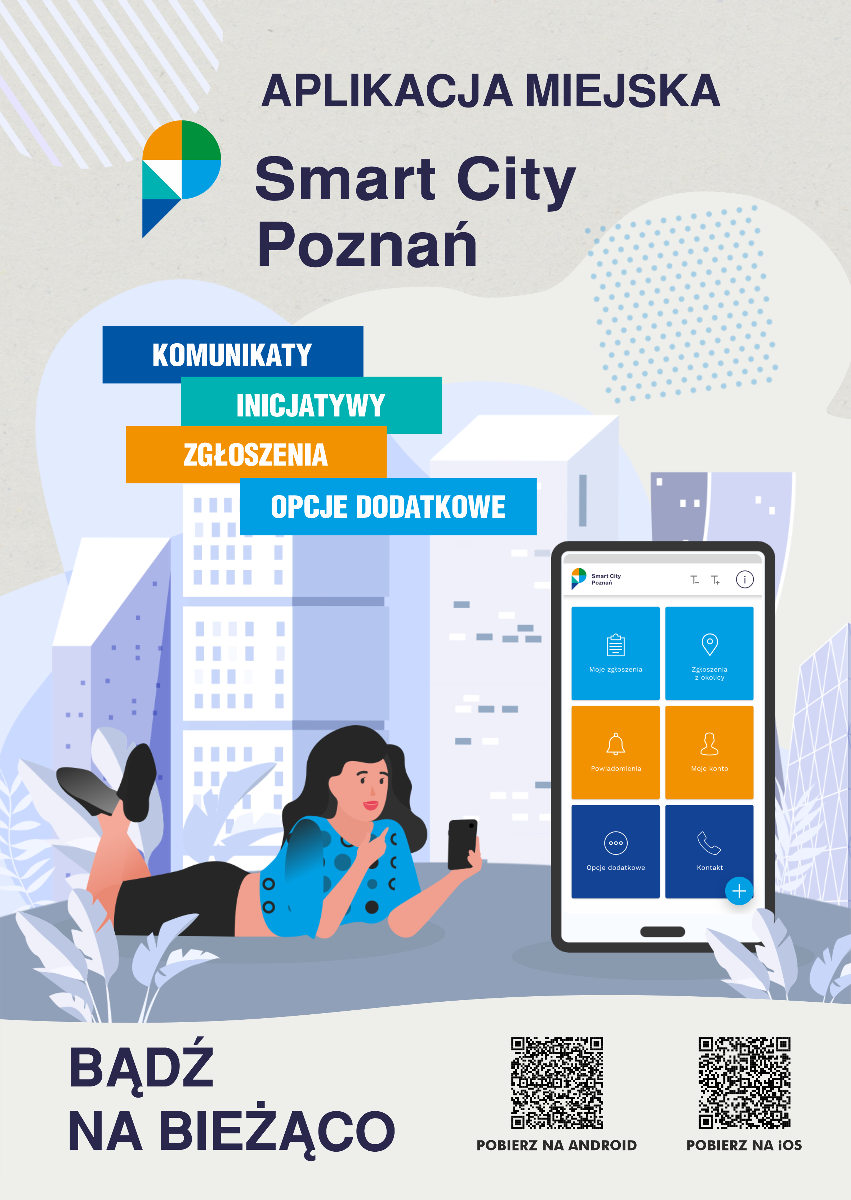 Plakat aplikacji miejskiej z kodami QR na pobranie aplikacji