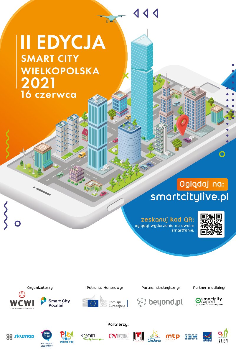 Kolorowy plakat reklamujący Smart City Wielkopolska 2021. U góry animowane osiedle, bloki, ulice, wizualnie jak 3D. Na dole loga partnerów.
