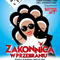 Plakat przedstawienia - rysunek zakonnicy, za którą widaćsylwetki kolejnych zakonnic oraz informacje na temat przedstawienia.
