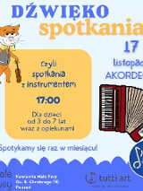 Plakat zapraszający dzieci na spotkanie muzyczne. Grafika kota ze skrzypcami oraz akordeonem, pomiędzy rysunkami napisym, które informują o wydarzeniu powtórzone w treści artykułu.