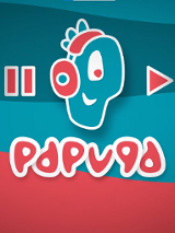 Rysunek kreskówkowej, niebieskiej głowy z czerwonymi słuchawkami na uszach. Pod nią napis papuga. W tle poziome pasy w kolorach granatowy, niebieskim i czerwonym.