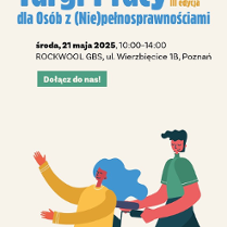Grafika promująca wydarzenie. Ilustracja dwóch uśmiechniętych osób, jedna z nich porusza się na wózku.