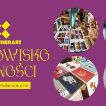 Na fioletowym tle zdjęcia w kształkie kół z różnymi straganami. Duzy napis targowisko różności, KontenerArt, rzemiosło, sztuka, starocie.