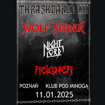 Informacje o koncercie kilku zespołów thrash metalowych, w tle czarno białe zdjęcie mrocznego domu w otoczeniu drzew.
