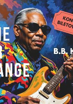 Czarnoskóry artysta w ciemnych okularach i kolorowym garniturze gra na gitarze. Białe napisy z tytułem wydarzenia.