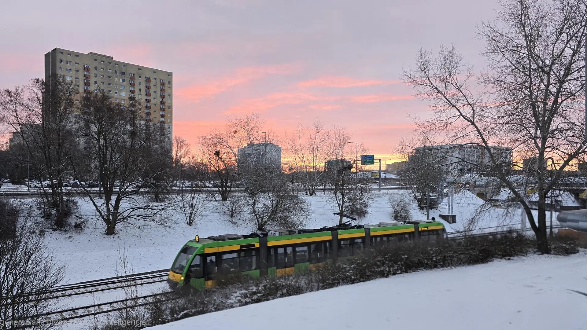 Tramwaj jadący po trasie PST zimą
