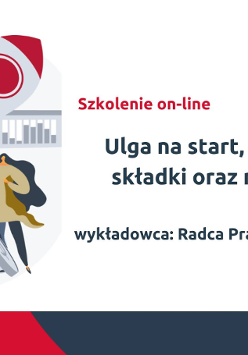 Z lewej rysunek rysunkowych ludzi kibicujących startującej rakiecie. Z prawej strony napis Szkolenie on-online: Ulga na start, preferencyjne składki oraz mały ZUS plus, wykładowca: Radca Prawny Maja Grzegorczyk. W prawym górnym rogu logotyp organizatora: Polskiej Fundacji Przedsiębiorczości.