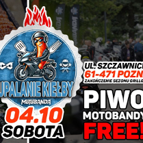Informacje o grillu z Motobandą, w tle kolaż zdjęć z grillem i motocyklistami.
