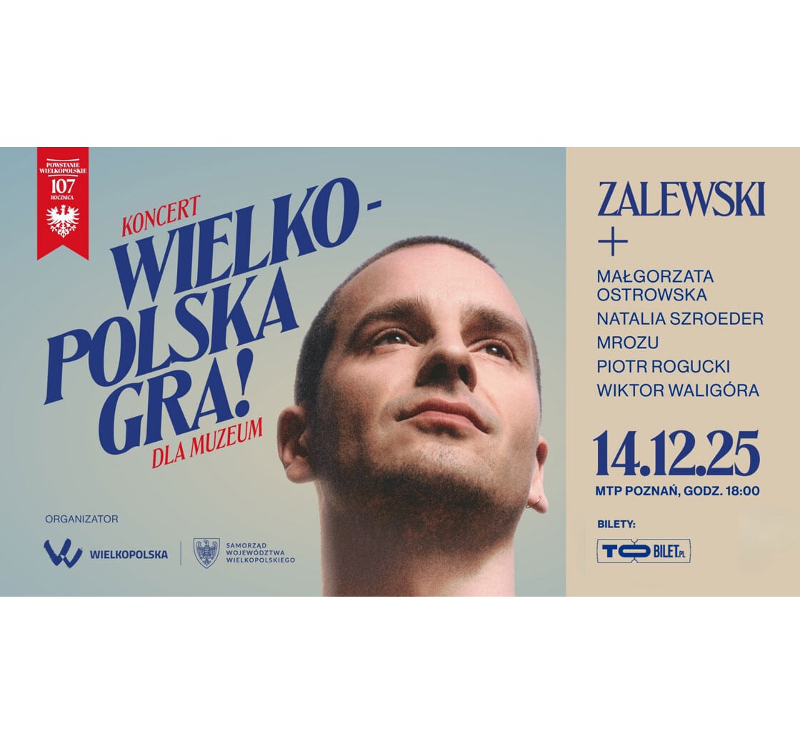 w centralnej czesci zdjęcia twarz młodego mężczyzny, z uniesioną głową, patrzącego przed siebie, po lewej i prawej stronie informacje o koncercie