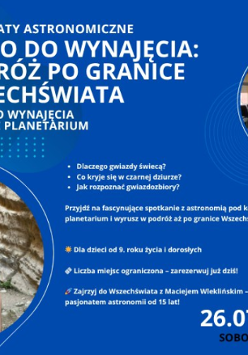 Plakat zapraszający na warsztaty astronomiczne. Zdjęcie kapsuły oraz prowadzącego, który stoi pomiędzy głazami. Napisy, które informują o wydarzeniu.