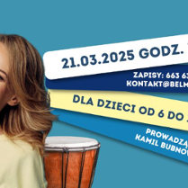 Usmiechnieta kobieta oparta plecami o bęben. Informacje podane na plakacie są w opisie wydarzenia.