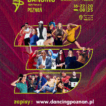 Plakat reklamujący warsztaty taneczne. W trzech rzędach stoją tancerze w różnych pozach i stylach. Obok napisy, które informują o wydarzeniu.
