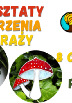 Plakat, który promuje warsztaty tworzenia witraży techniką Tiffany'ego. Na biały tle dwa witraże, jeden w kształcie dyni, drugi muchomorów. Obok kolorowe napisy, informujące o wydarzeniu.