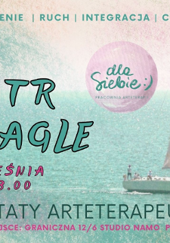 Grafika przedstawia zdjęcie żaglowca z biało-turkusowym żaglem. Po lewej napis "Wiatr w żagle. 26 września godz. 18:00. Warsztaty arteterapeutyczne".