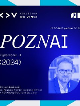 Grafika promująca wydarzenie organizowane przez Collegium Da Vinci, zaplanowane na 11 grudnia 2024 roku o godzinie 17:30. Na niebieskim tle widoczny jest napis POZNAI 2024, zdjęcie mężczyzny oraz informacja o prelegencie, którym jest Tomasz Jankowski - współzałożyciel i Chief Learning Officer w NEU Group Solutions Sp. z o.o.