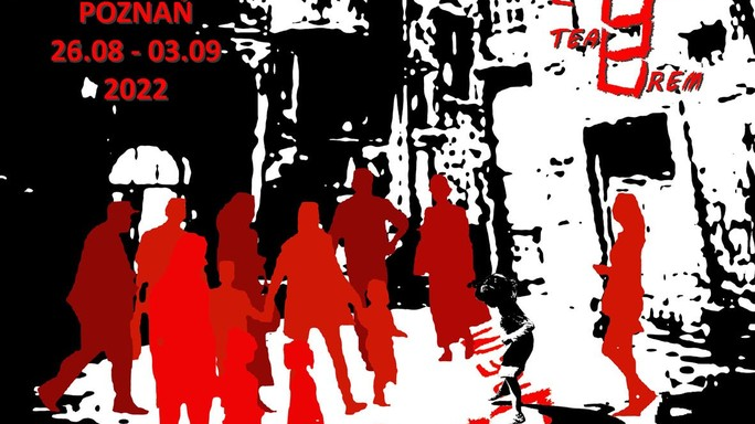 Czarno-biało-czerwony plakat promujący wydarzenia II Festiwal Teatrów Podwórkowych.