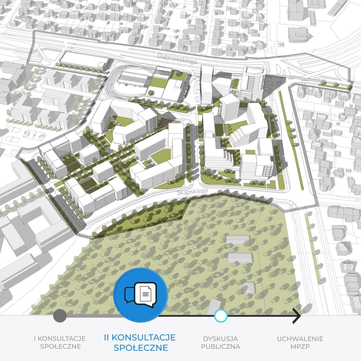 Raport z II etapu konsultacji społecznych projektu mpzp "Brama Zachodnia - Centrum" w Poznaniu. Wizualizacja. Widok z góry na model obszaru objętego planem.