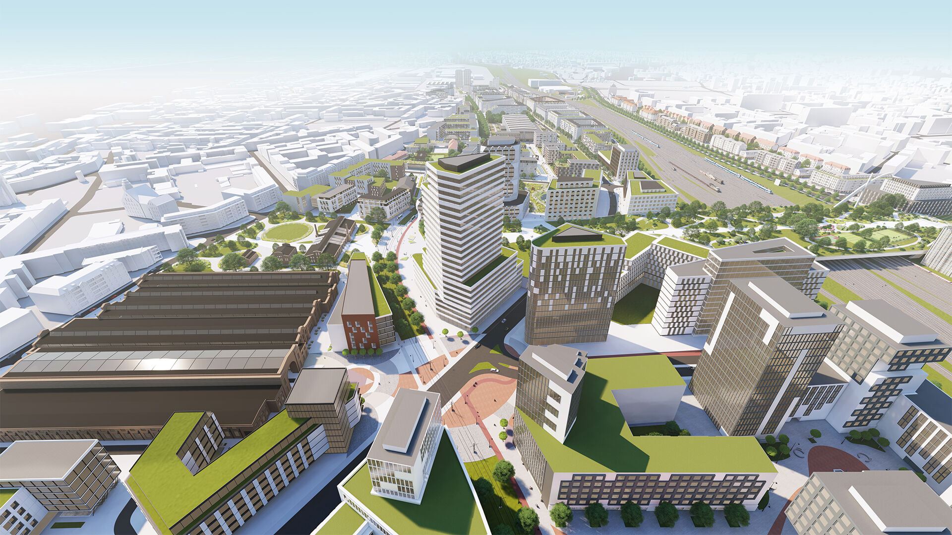 Wolne Tory - model 3D - propozycja zagospodarowania (etap: koncepcja) /Widok z lotu ptaka na city/