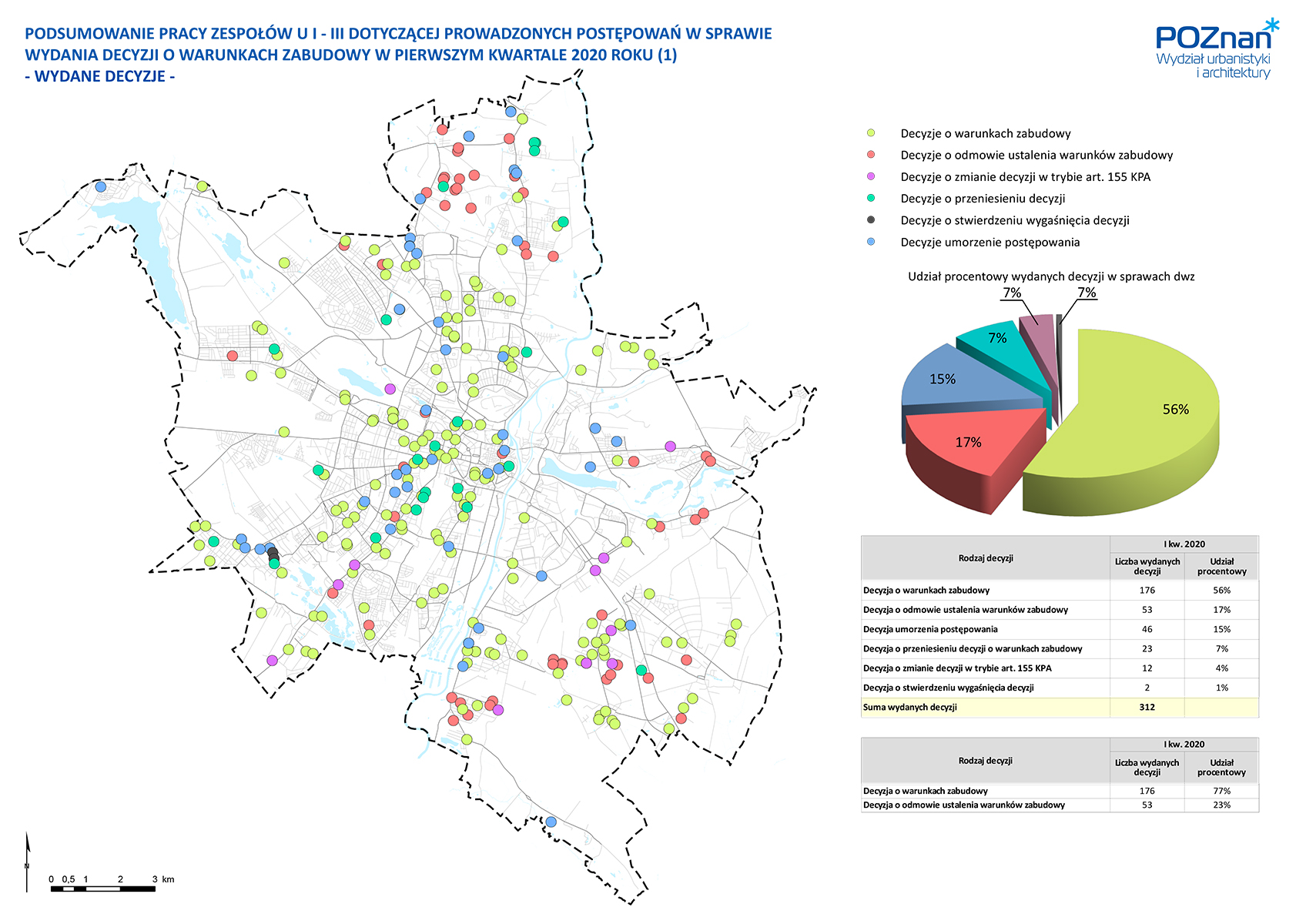 Wydane decyzje o warunkach zabudowy - I kwartał 2020 r. - oznaczone lokalizacje na mapie Poznania