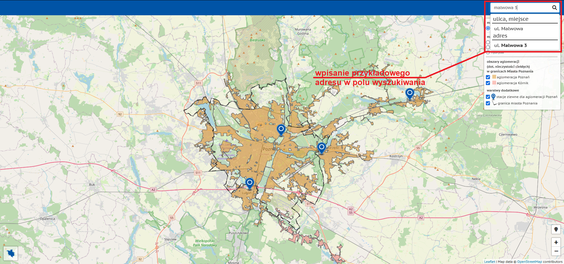 Zrzut ekranu z mapy Plan Miasta Poznania w widoku domyślnym. Wskazówki graficzne i tekstowe dotyczące wyszukiwania adresu (wpisanie przykładowego adresu w polu wyszukiwania).