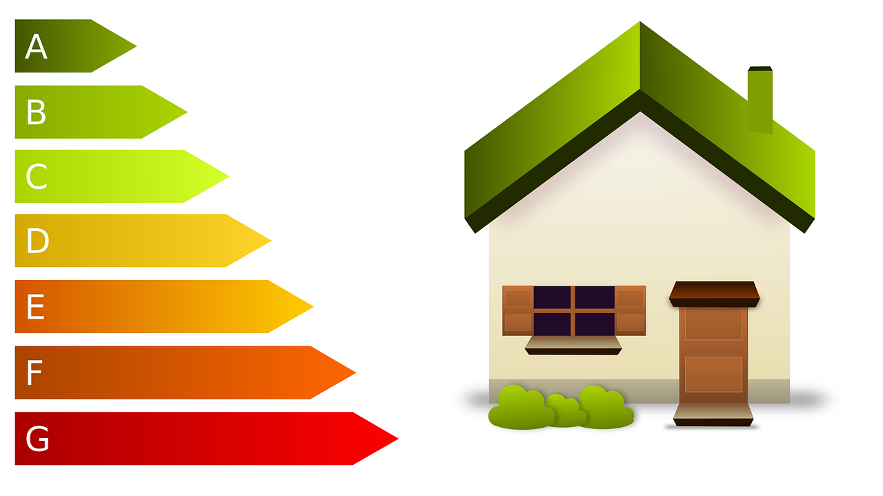 Obrazek przedstawia domek oraz wykresy, symbolizujące efektywność energetyczną tego budynku.