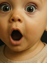 Mały chłopiec z zaskoczoną miną i dużymi oczami na czarnym tle. Obok narysowana strzałka kredą przypominająca ogon diabła.