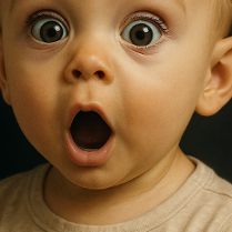 Mały chłopiec z zaskoczoną miną i dużymi oczami na czarnym tle. Obok narysowana strzałka kredą przypominająca ogon diabła.