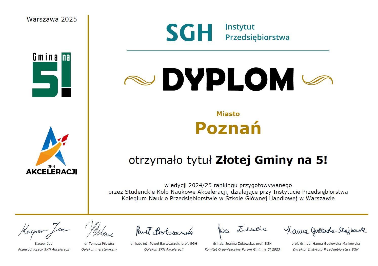 Miasto Poznań zostało wyróżnione tytułem "Złotej Gminy na 5!" Zdjęcie dyplomu "Złota Gmina na 5!"