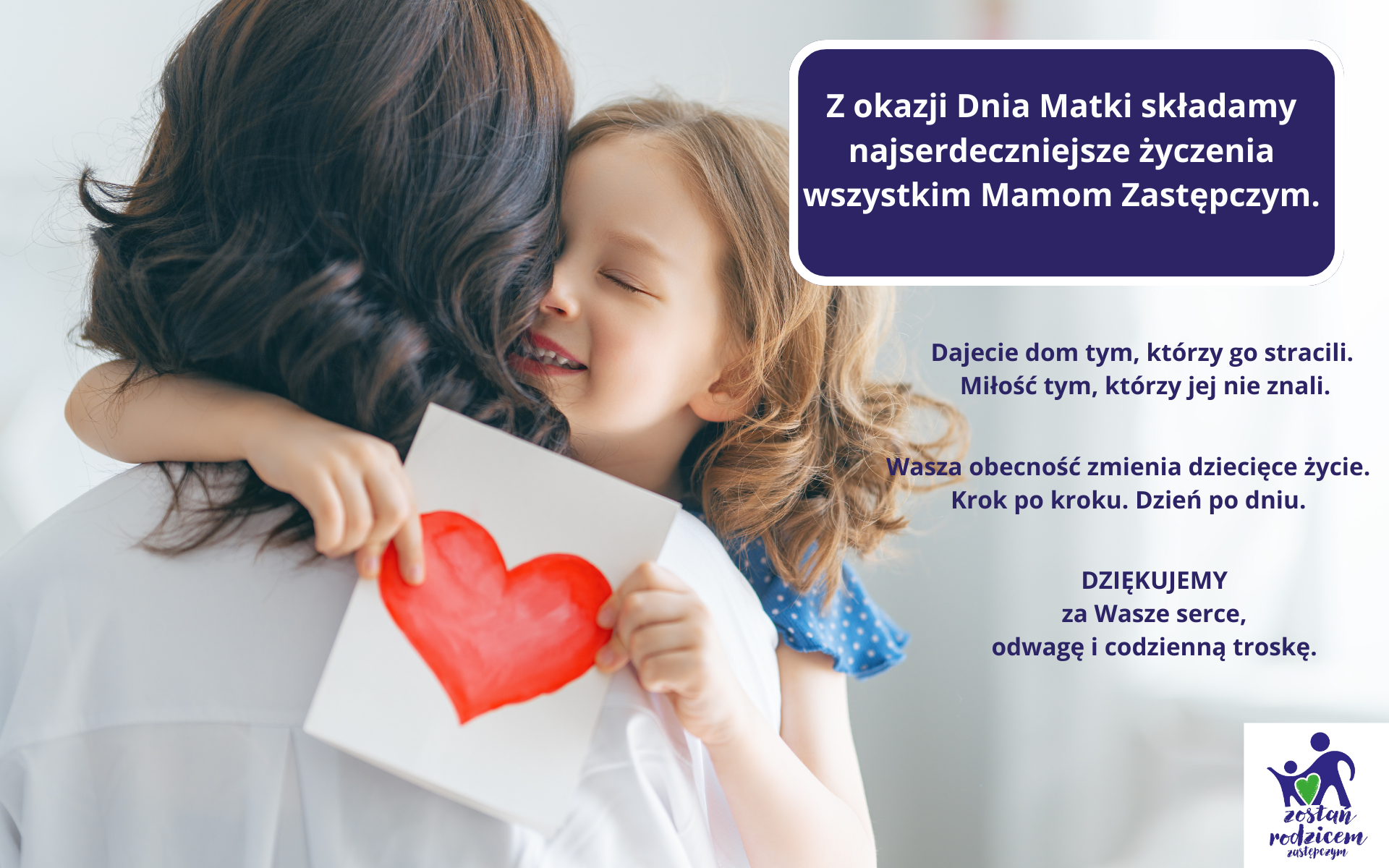 Dzień Matki Zdjęcie przedstawia małą dziewczynkę przytulającą kobietę od tyłu - prawdopodobnie mamę zastępczą. Dziewczynka uśmiecha się z zamkniętymi oczami i trzyma w ręce kartkę z dużym, czerwonym sercem. Po prawej stronie umieszczone są życzenia z okazji Dnia Matki dla Mam Zastępczych, napisane granatową czcionką na białym tle. W rogu widnieje logo kampanii "Zostań rodzicem zastępczym".