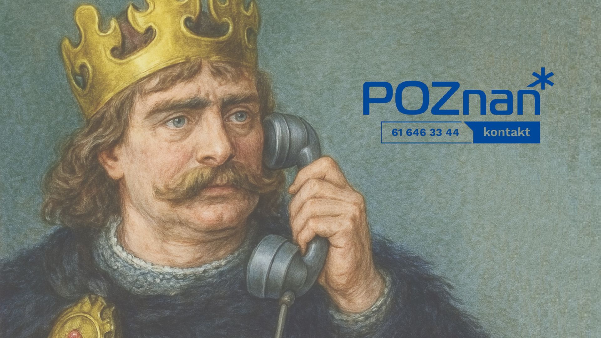 Rocznica 1000-lecia koronacji Bolesława Chrobrego, fot. Wygenerowana przez AI Zdjęcie wygenerowane przez AI przedstawiające Bolesława Chrobrego trzymającego słuchawkę oraz logo wraz z numerem miejskiej infolinii