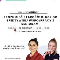 Dwie uśmiechnięte kobiety obok napisy informujące o warsztatach.