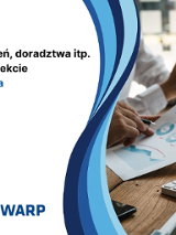 Grafika promująca szkolenie. Białe tło, po prawej zdjęcie ukazujące biurko z laptopem, dokumentami i kalkulatorem. Po środku motyw błękitno-granatowej fali rozdzielającej zdjęcie od tła. Na dole logo Poznań Biznes Partner i WARP.