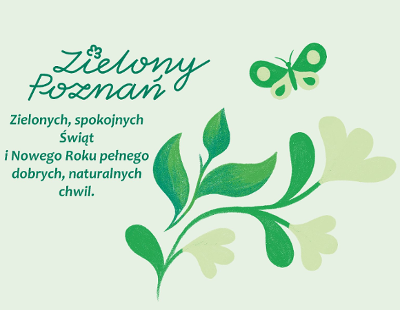 Życzenia Świąteczne na tle zielonego tła z zielony kwiatem, którego płatki symbolizują działania na rzecz ekologii niezależnie od wieku.