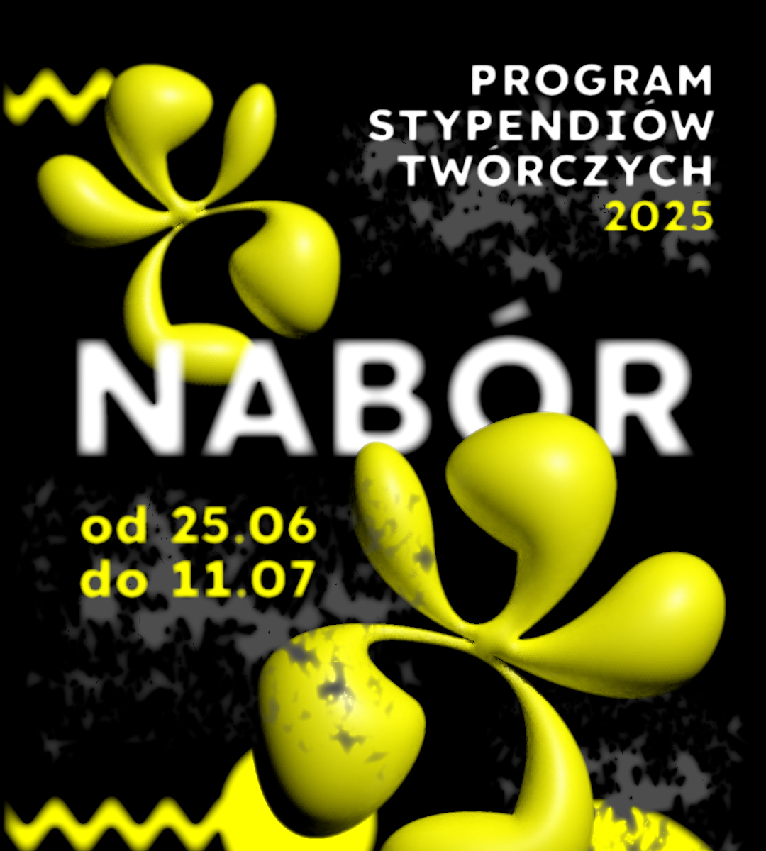 Program Stypendiów Twórczych 2025 nabór Grafika z czarnym tłem i żółtymi trójwymiarowymi, abstrakcyjnymi formami. Na środku duży, biały napis: NABÓR. Poniżej żółty tekst: od 25.06 do 11.07. W prawym górnym rogu biało-żółty napis: Program Stypendiów Twórczych 2025. Grafika oznaczona hasztagiem Poznań Wspiera.