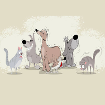 Grafika przedstawia psy i koty na zielonym tle