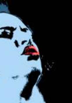 Na grafice na czarnym tle niebieska twarz artystki z ustami pomalowanymi na czerwono.