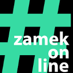 Na czarnym tle umieszczono pastelowo-zielony znak # oraz biały napis zamek online.