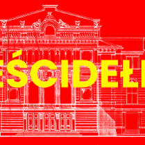 Na czerwonym tle biały zarys budynku Teatru Polskiego oraz na środku żółty napis "Pieścidełko".