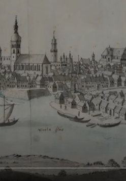 Rycina dawnego Poznania. Widok na Stare Miasto i ratusz od strony rzeki.
