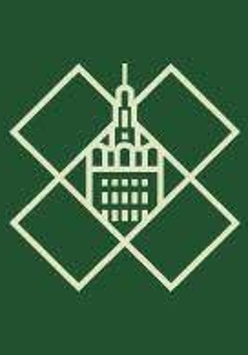 Logotyp Poznańskiego Kongresu Brydżowego - na planie rombu budynek z iglicą na zielonym tle